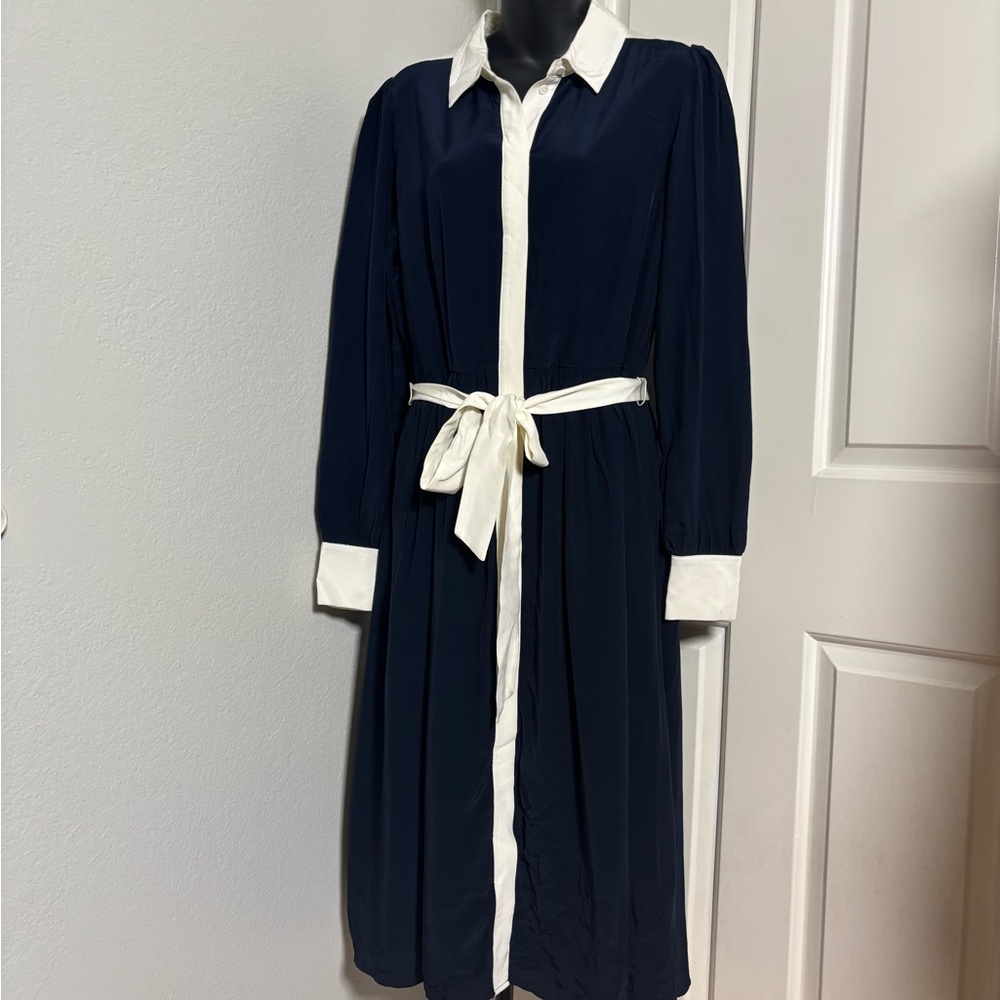 Talbots Elegant Navy and Cream Long Sleeve Dress NWOT - Picture 12 of 13